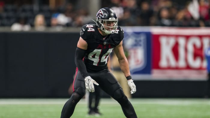Atlanta Falcons linebacker Troy Andersen prepares for a snap against the Carolina Panthers on Sept. 10, 2023.